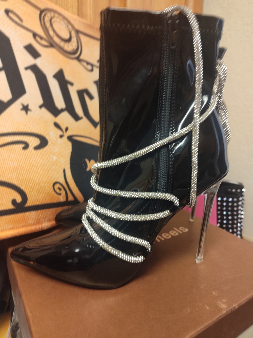 Women's Black Patent Stiletto Ankle Boots with Silver Chain Detail